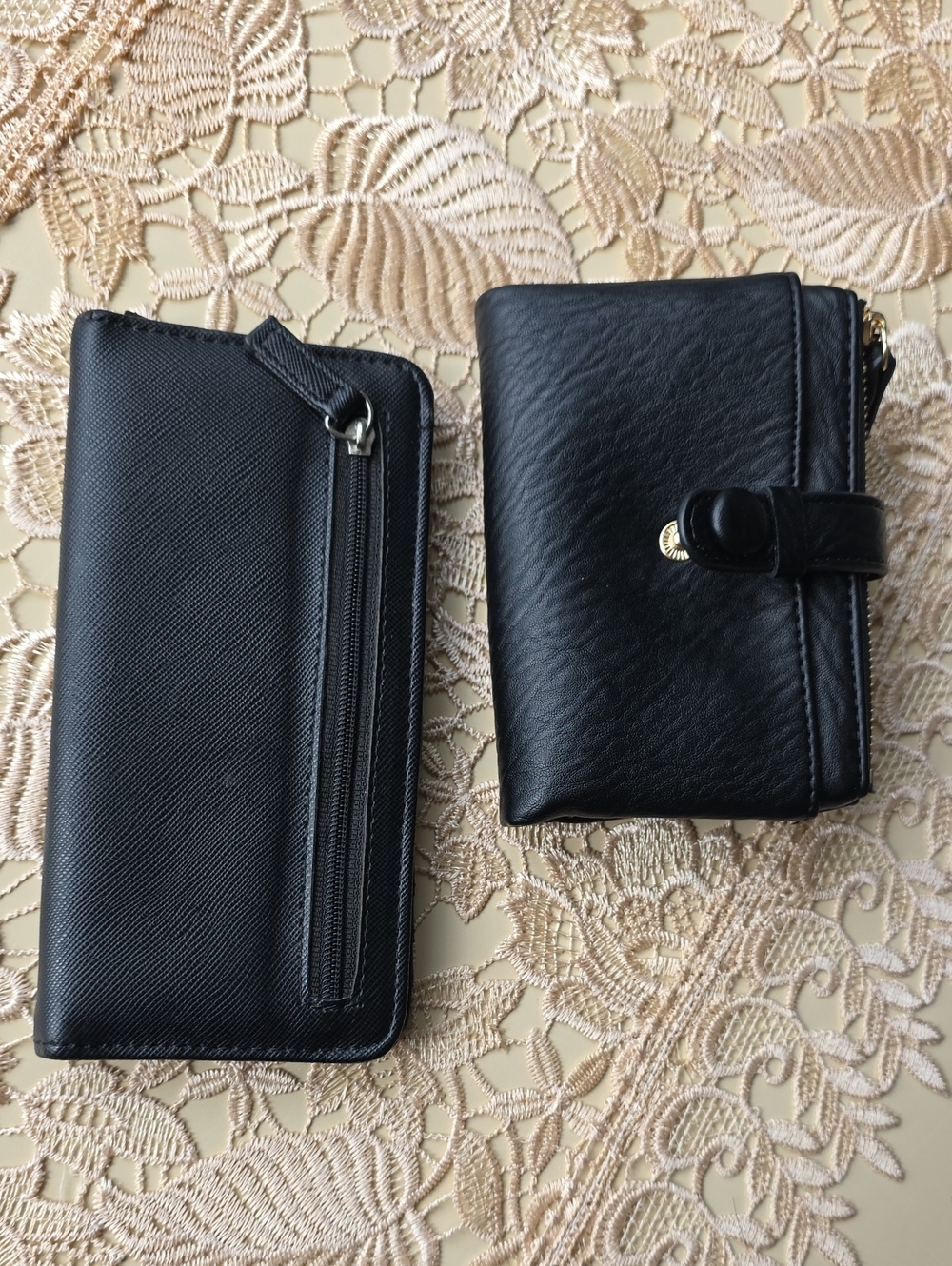 Classic Black Leather Wallets - Zip Clutch & Snap Wallet